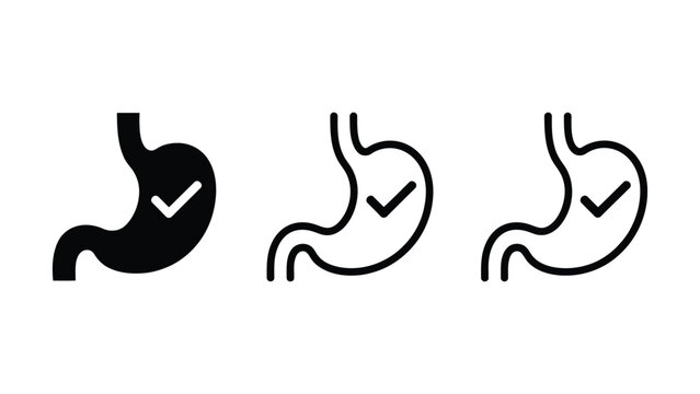Healthy stomach with checkmark vector icon set representing digestive health, good digestion, gastroenterology, stomach care, and gut wellness in solid and outline styles