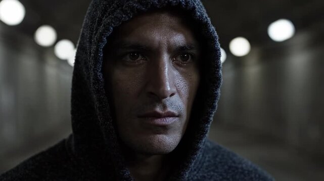 A hooded man watches intently in a corridor. Suspenseful character portrait with changing expressions in a dramatic thriller scene.