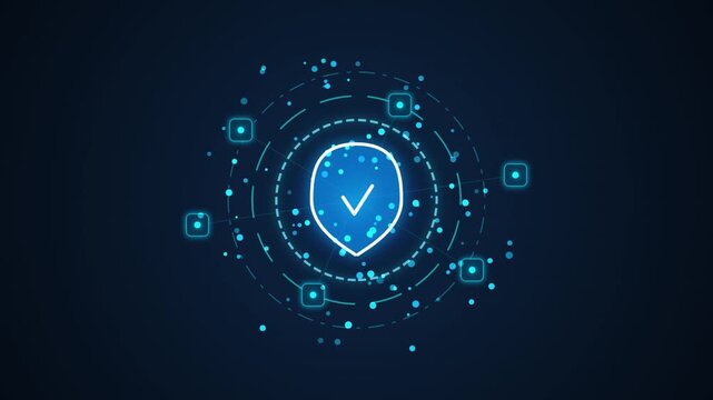 Blue digital shield emblem with glowing particles in dark technological cyberspace motion
