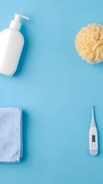 Baby Care Flat Lay with White Pump Bottle and Thermometer on Blue Background