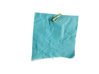 Fototapeta premium A single crumpled blue sticky note attached with a gold metal paper clip isolated on transparent background