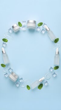 Circular Ring of White Cosmetic Jars and Green Leaves on Blue Background