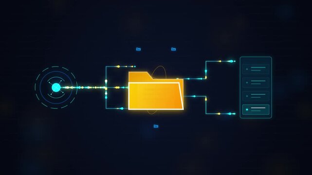 Digital data transfer from folder to server with glowing lines on dark background