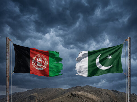 state flags of afghanistan and pakistan with tattered edges waving against dark stormy sky and mountain peaks symbolizing border conflict and tension