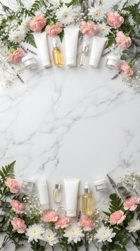 White Flowers and Skincare Tubes Border Flat Lay on White Marble Background