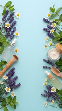 Lavender Flowers and Cosmetic Bottles Border on Light Blue Background
