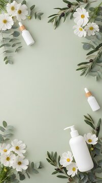 White Flowers and Green Leaves Border on Sage Green Background