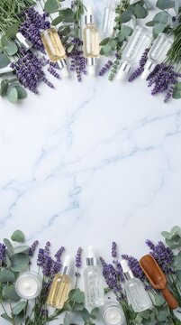 Lavender and Green Foliage Border on White Marble Background