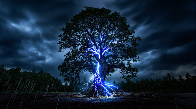 Dramatic lightning strike on a tree in a stormy rain illustration
