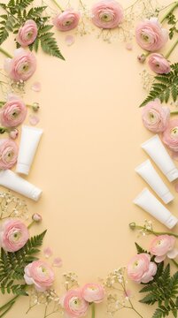 Pink and Yellow Flowers Border with Cosmetic Tubes on Beige Background