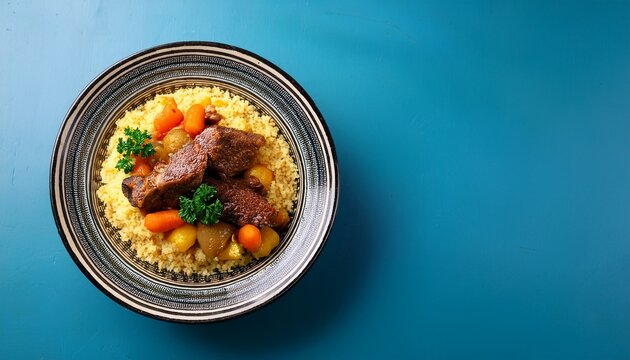 traditional moroccan couscous dish with slow cooked vegetables lamb and a flavorful sauce