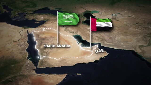 Saudi Arabia and UAE Map Animation with Country Flag Waving on Satellite Background