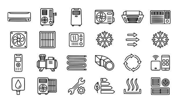 Air conditioning thin line icons set for AC units cooling ventilation and climate control