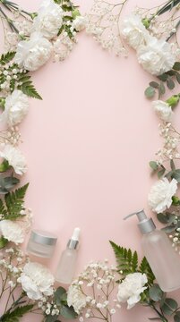 Pink and White Floral Frame on Soft Pink Background with Skincare Items