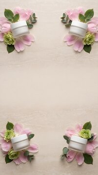 Four Corners Pink Flowers and White Cosmetic Jars Flat Lay