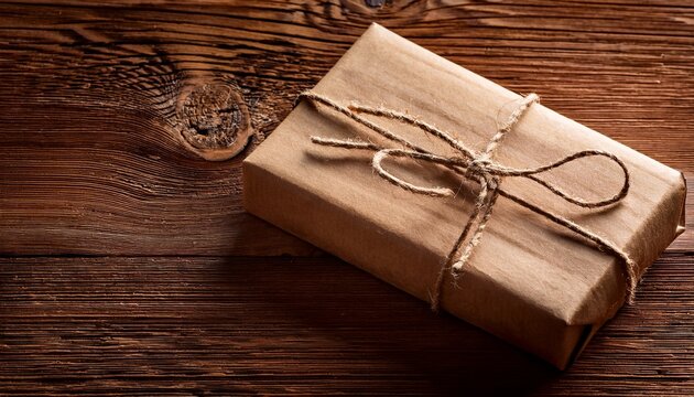 kraft paper package tied with string on wooden surface