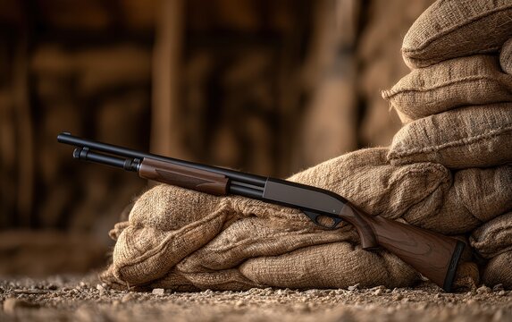 Antique Rifle Resting on Pile of Bags in Rustic Setting