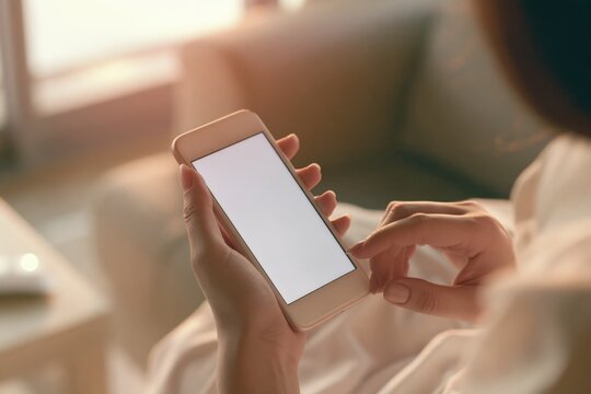 Hands holding a smartphone with a blank screen