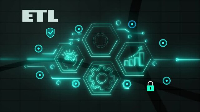 ETL (Extract, Transform, Load) tool process concept.Extract, Transform, Load, Data, Integration, Pipeline, Cleansing, Mapping, Automation. futuristic grit technology background