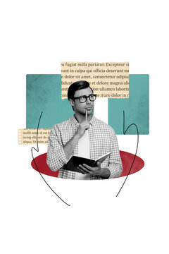 Vertical photo collage of minded academic man hold book planer pencil think notes study university homework isolated on painted background