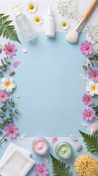 Light Blue Background with Mixed Daisies and Skincare Flat Lay