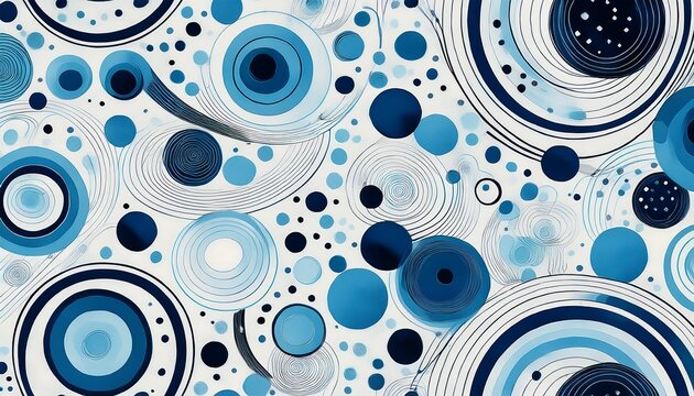 abstract geometric seamless pattern featuring varying sized solid and outlined circles with dots and bubbles in light blue dark blue and black on a white background