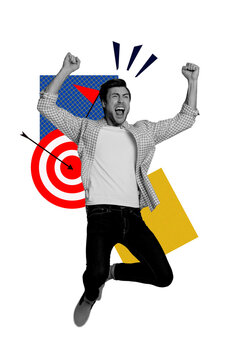 Trend image vertical photo collage of happy businessman jump triumph success development arrow aim achievement flag progress