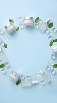 Light Blue Background with Ice Cubes and Skincare Circular Frame Flat L