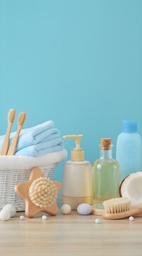 Blue Background with Woven Basket, Blue Towels, and Wooden Brushes Flat Lay