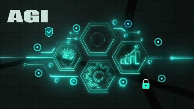 AGI - Artificial General Intelligence icons Set &ndash;A glowing neon AGI concept surrounded by smaller icons for ai and manufacturing process management, AI Brain Concepts.