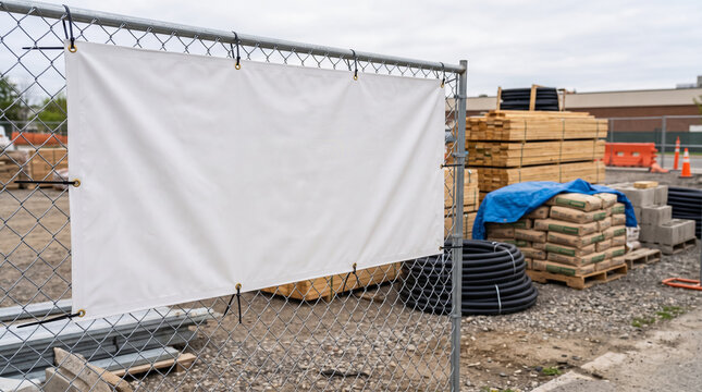 Blank white banner mockup attached to chain link fence on outdoor construction site. Concept of sign mockup. Copy space.