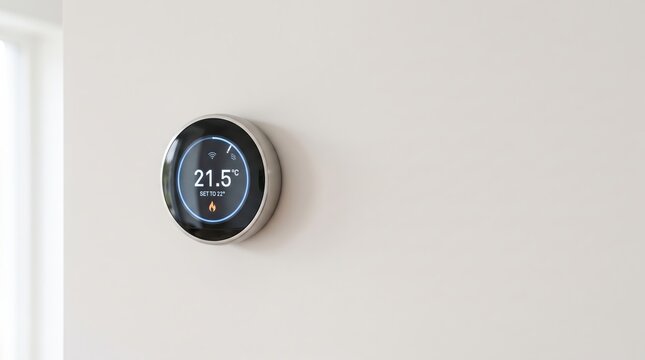 Modern smart thermostat displaying room temperature on clean white wall in contemporary smart home for energy efficiency and climate control
