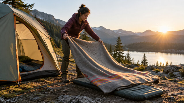 Woman camper spreading wool blanket over sleeping pad outside tent at mountain sunrise. Concept of camping, campsite, hiking, mountain lake.
