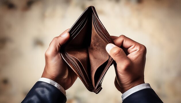 hands holding an empty wallet representing financial struggle and economic crisis in a vintage collage style