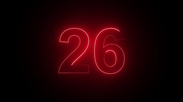 Glowing Neon Text Red Number 26 Countdown Icon Animation, Abstract Futuristic Digital Countdown Motion Graphic on Black Background