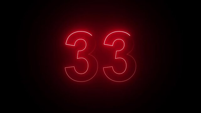 Glowing Neon Text Red Number 33 Countdown Icon Animation, Abstract Futuristic Digital Countdown Motion Graphic on Black Background