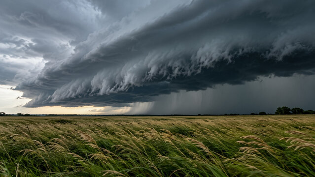 Dramatic shelf cloud storm front advancing over open prairie field landscape. Concept of heavy storm, thunderstorm, dark sky, ominous clouds, grassland.