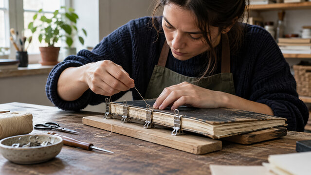 Woman artisan restores worn book binding with thread and needle in workshop. Concept of bookbinding, book restoration, bookbinder, craftswoman, book repair.