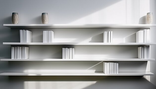 minimalist staggered white shelves on wall geometric modern design clean lines shadows contemporary composition
