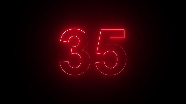 Glowing Neon Text Red Number 35 Countdown Icon Animation, Abstract Futuristic Digital Countdown Motion Graphic on Black Background