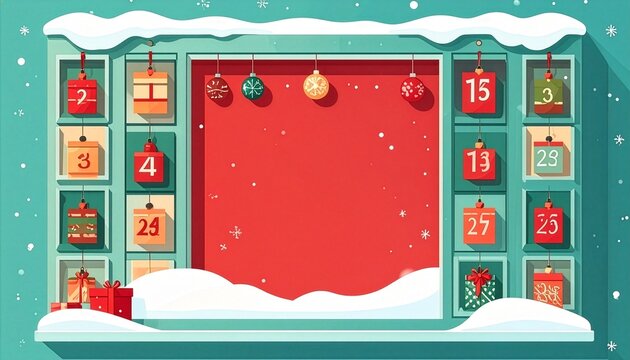 Christmas advent countdown frame with number windows and ornaments on red background