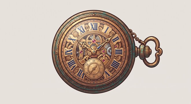Vintage antique pocket watch illustration with intricate mechanical gears on isolated background