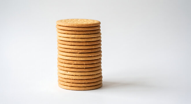 Stack of Round Crackers: A neat stack of golden-brown round crackers piled high against a neutral background, offering a simple yet appealing visual of a common pantry staple.