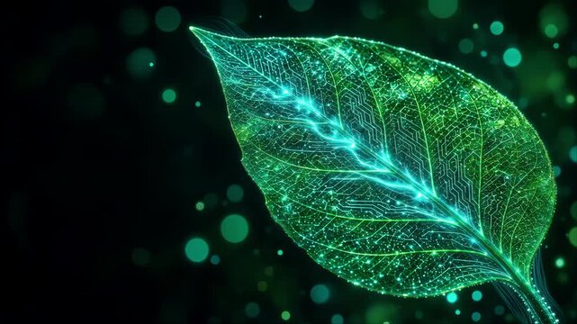 Green Leaf with digital grow, Macro Botanical Background, Natural Energy and Organic Pattern for Eco Friendly Design and Wallpaper