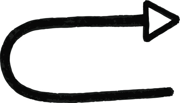 A hand drawn black circular arrow pointing to the right is isolated on a white background as a simple graphic illustration