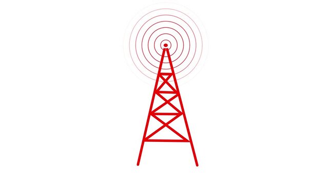 Red antenna communication tower emitting signal waves on plain white background.Ideal for 5G network concepts, radio broadcasting visuals, cellular connectivity graphics