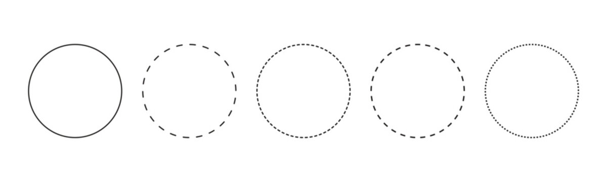 Set of black circles with solid to dashed outline stroke styles for digital design