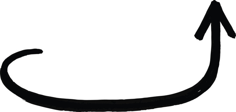 Hand drawn black arrow curving upwards suggesting progress growth and positive direction on a plain white background