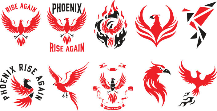Rise again phoenix vector logos and fiery bird emblems representing rebirth and strength in graphic design