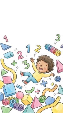 Happy child surrounded by colorful math learning tools and numbers.